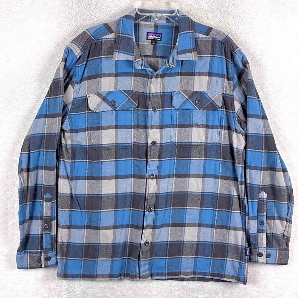 Patagonia Flannel Shirt Mens L Gray Blue Plaid Fjord Heavyweight Preppy Outdoors